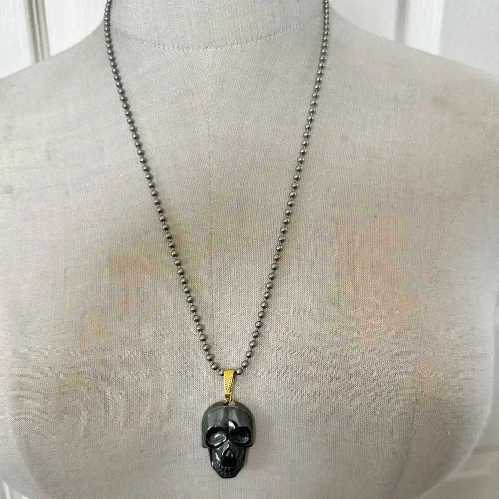 Hematite skull pendant necklace